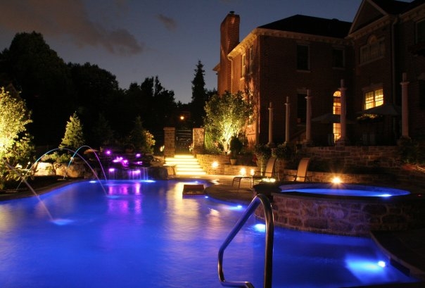 pool night shot with outdoor lighting